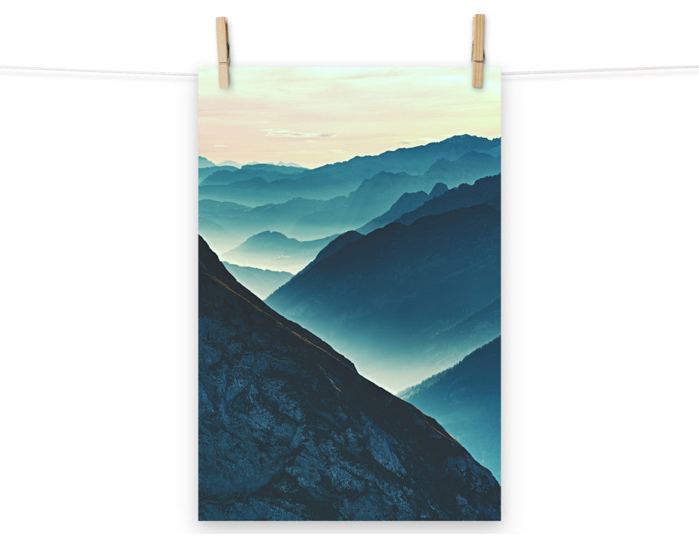 Misty Blue Silhouette Mountain Range Landscape Photo Unframed Wall Art Prints, 12" X 18"