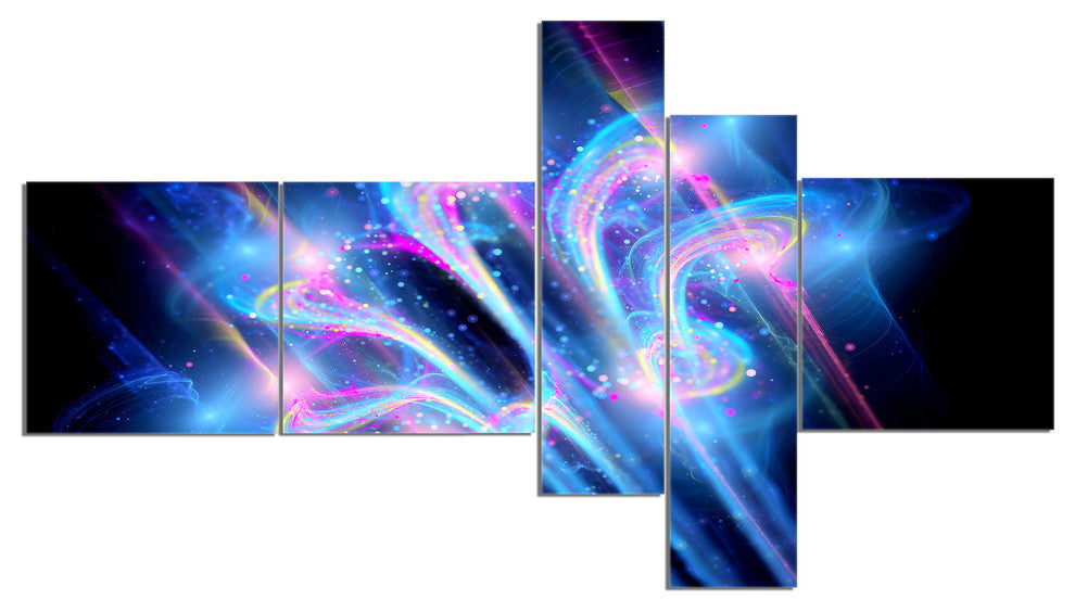 Blue Fractal Flower in Space, Floral Art Canvas Print, 60"x32", 5 panels