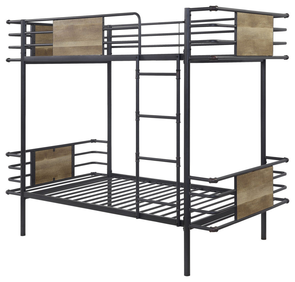 Benzara BM235363 Metal Twin Over Twin Bunk Bed With Attached Ladder, Black