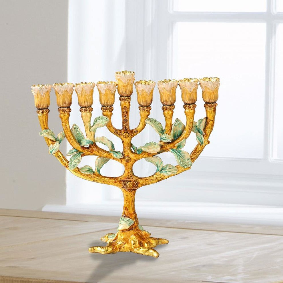 Hand Painted Enamel Menorah Candelabra with a Tree and Flower Buds Design