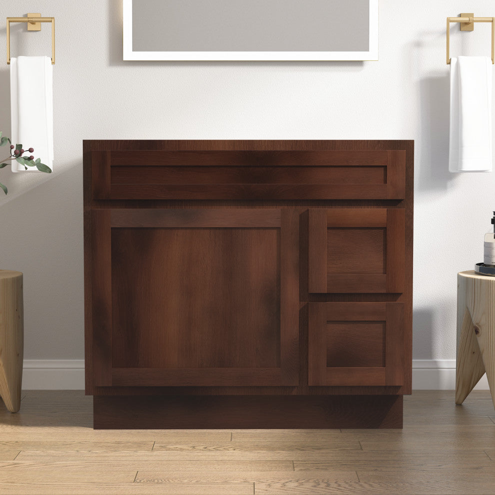Vanity Art Vanity Base Cabinet, No Top, Drawers on Right, 36", Brown