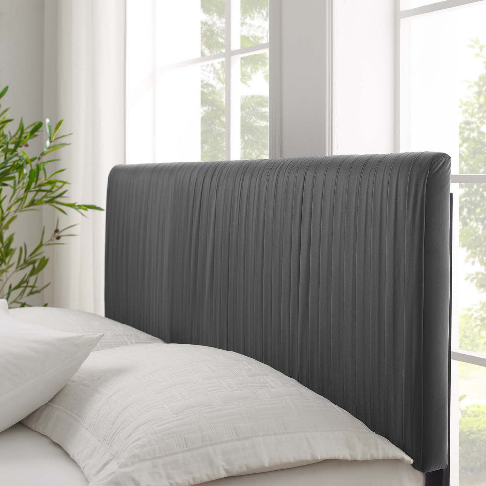 Platform Bed Frame, Twin Size, Velvet, Dark Grey Gray, Modern Contemporary