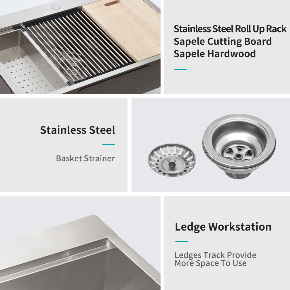 Brushed Nickel Stainless Steel 30 in. Single Bowl Drop-In Kitchen Sink with Work