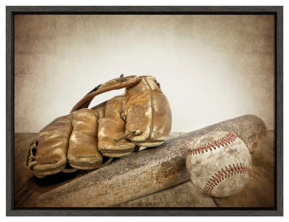Sylvie Baseball Glove And Bat Framed Canvas by Shawn St. Peter, Gray 18x24