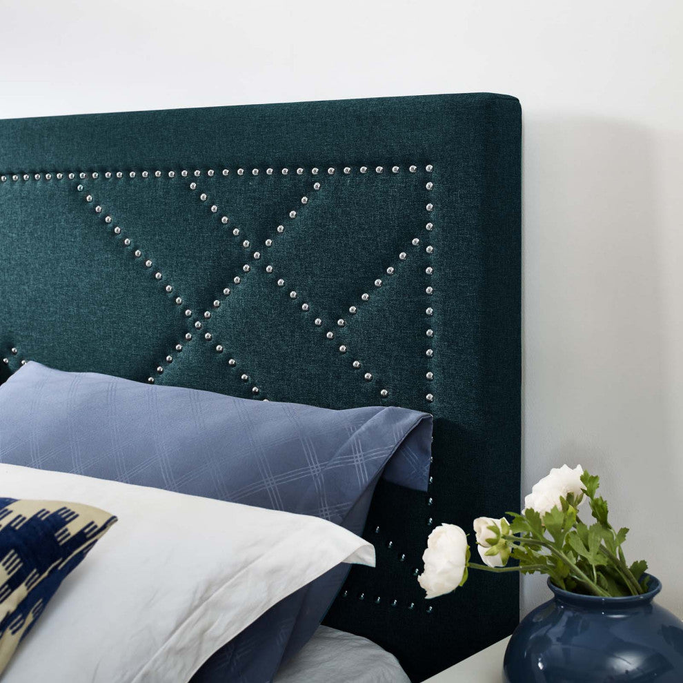 Headboard, Nailhead, King Size, Azure Navy Blue, Fabric, Modern, Guest Suite