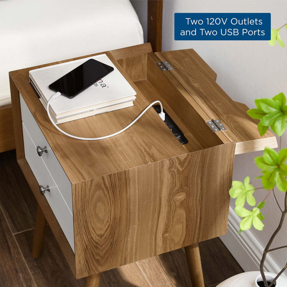 Nightstand Side End Table With USB, Wood, Brown Natural White, Modern