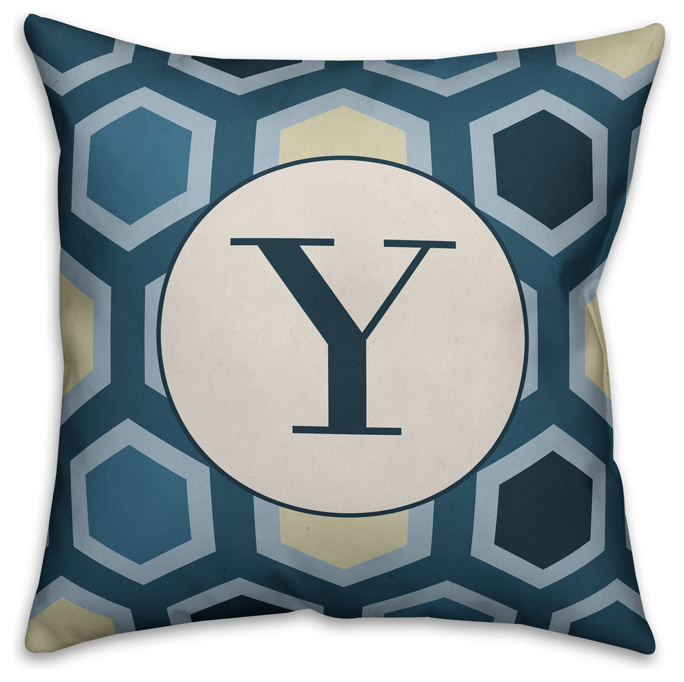 Y Blue Hexagon Monogram Spun Poly Pillow, 18x18