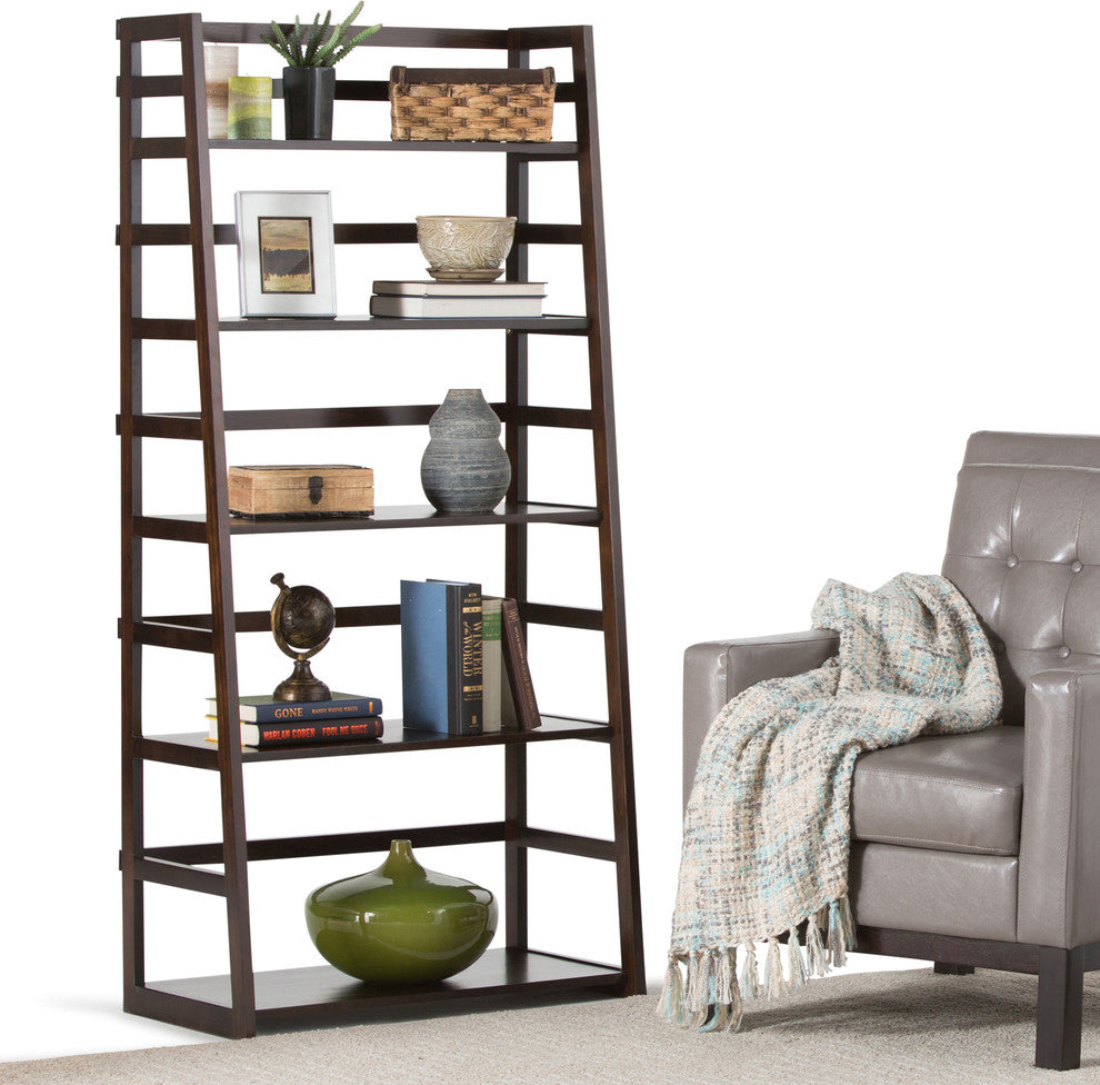 Acadian Solid Wood 63 Inch X 30 Inch Ladder Shelf Bookcase In Brunette Brown