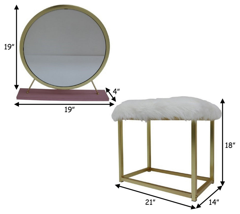 Benzara BM278977 Rose Round Vanity Mirror With Stool, Faux Fur Seat, Brass. Pink