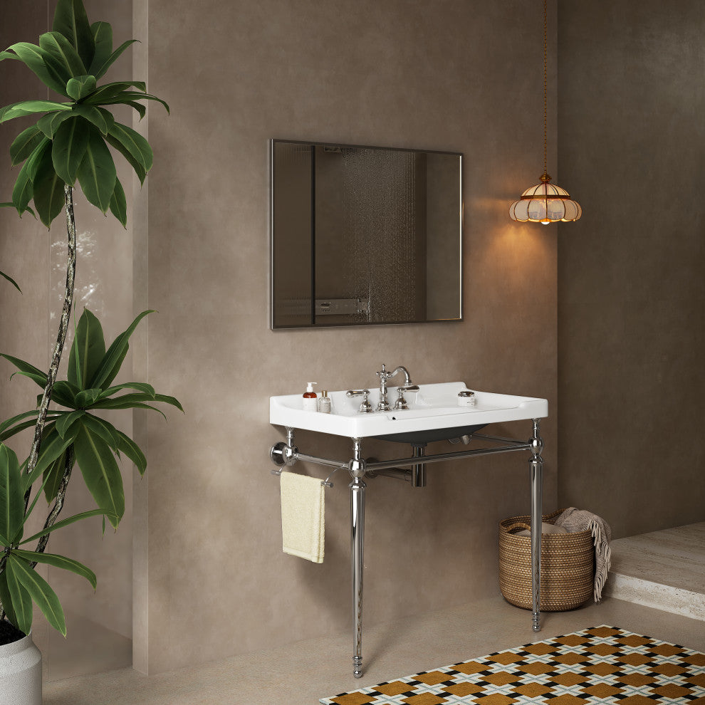Wall-Mounted White Ceramic Vanity Basin with Stainless Steel Support Legs , Chrome