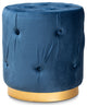 Navy Blue Velvet Fabric Upholstered Gold Finished Button Tufted Ottoman