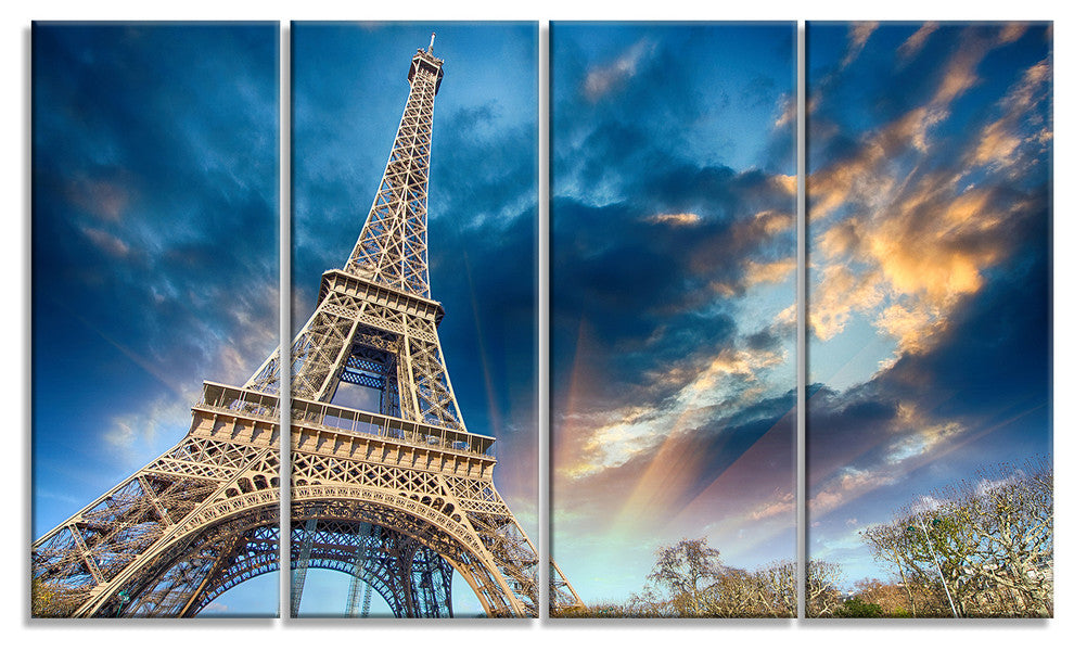 "Beautiful View Paris Eiffel Tower Under Fiery Sky" Wall Art, 48"x28", 4-Panels