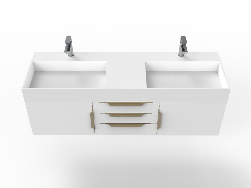 CastelloUSA Amazon 60" Wall Mounted Bathroom Vanity Set, White, White Top, Gold Handles