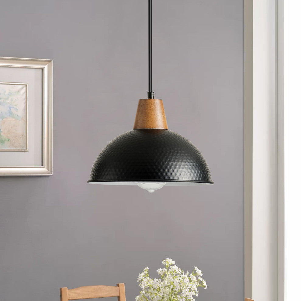 Industrial Farmhouse Pendant Light With Metal Shade and Wood Grain Design, Black