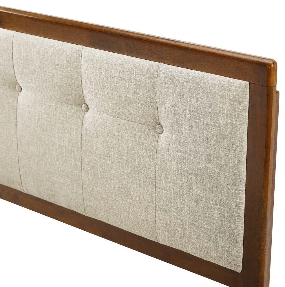 Tufted Headboard, Full Size, Wood, Fabric, Brown Walnut Beige, Modern