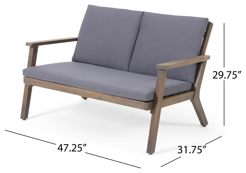 Avacyn Outdoor Acacia Wood Loveseat and Coffee Table Set with Cushions, Gray + Dark Gray