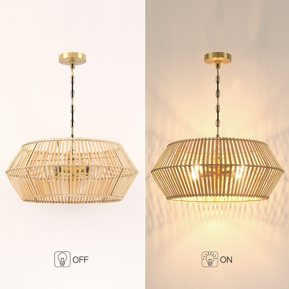 22" W 4 Light Bohemian Bamboo Chandelier With Brass Canopy