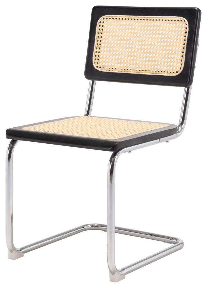Dining Chair, Set of 2, Steel Metal, Wood, Natural, Black, Chrome, Mid Century