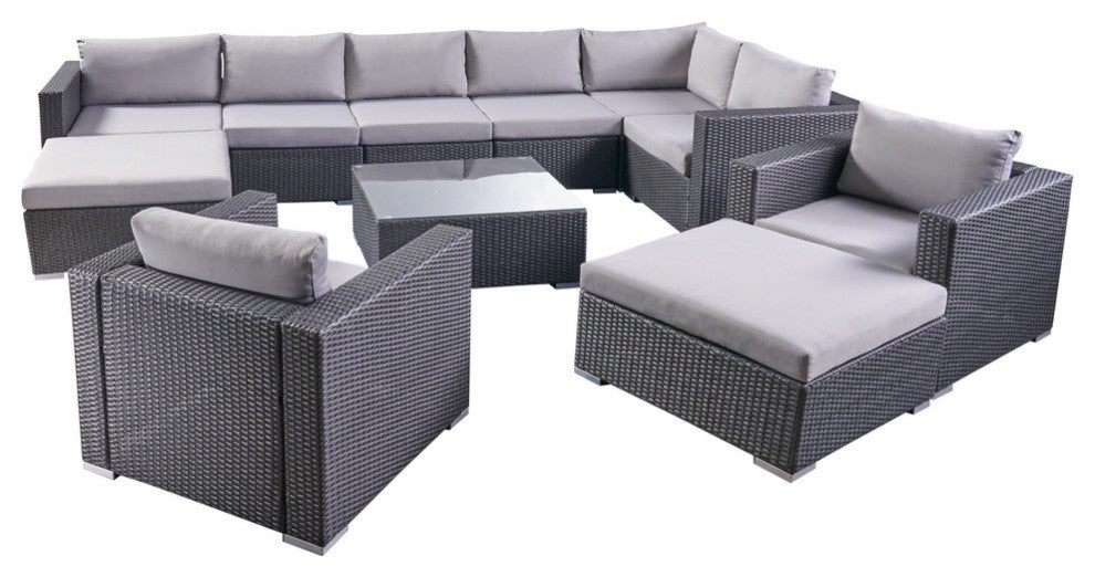 Tom Rosa 8 Seater Wicker Sectional Sofa Set With Cushions, Gray/Silver