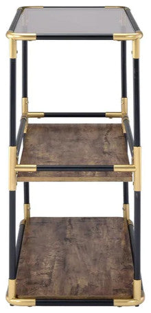 Benzara BM191404 Glass Top Console Table Metal Framing and Wooden Shelves, Black