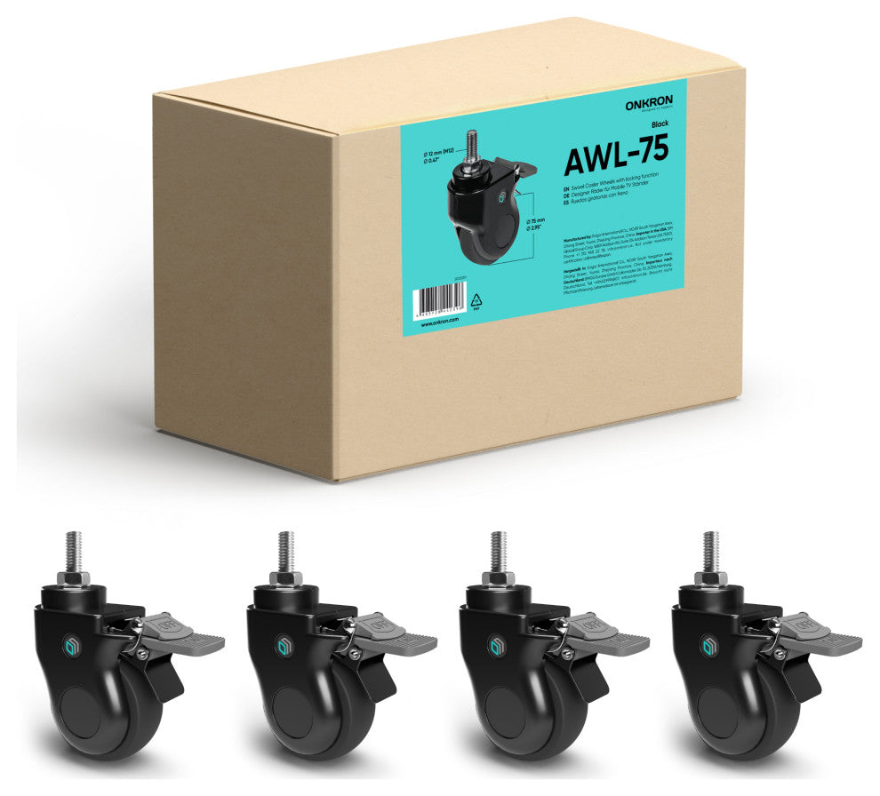 ONKRON Caster Wheels 3 Inch for Mobile TV Cart -Set of 4 AWL75 Black