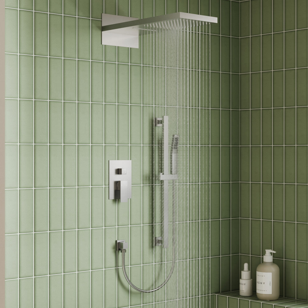 Dual-Function Waterfall & Rainfall Shower Faucet Set With Rough-In Valve, Brushed Nickel
