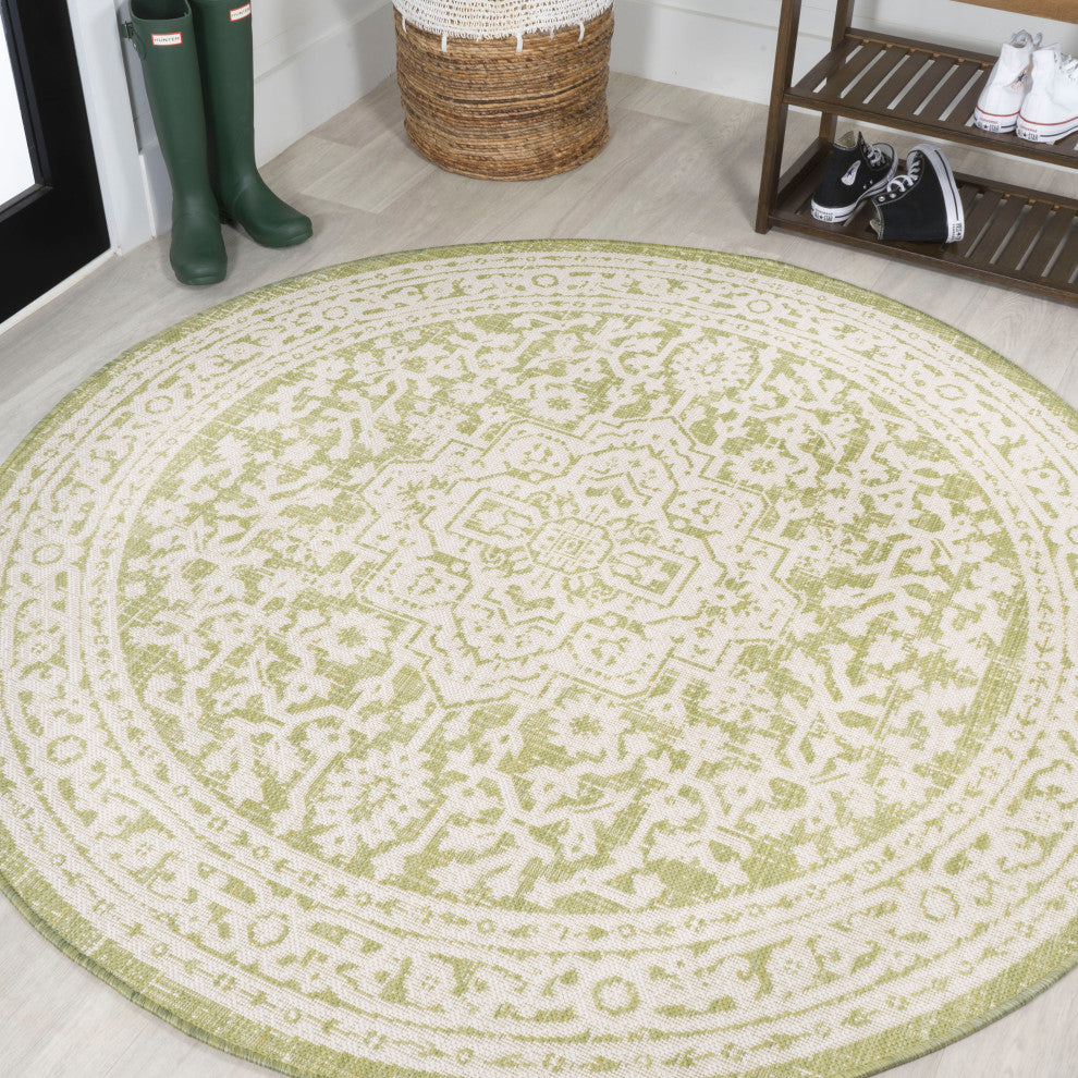 Sinjuri Medallion Textured Weave Indoor/Outdoor, Green/Cream, 5' Round
