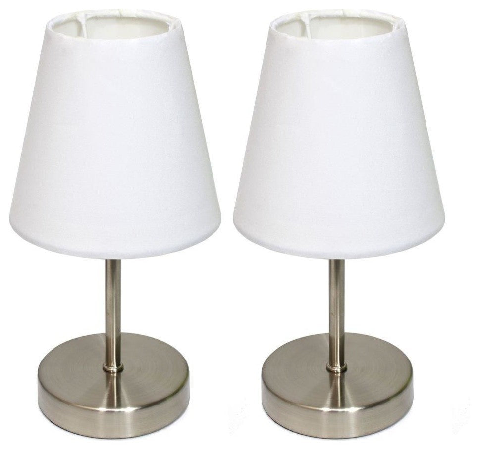 Simple Designs Sand Nickel Mini Basic Table Lamps, Fabric White Shade 2-Pack Set