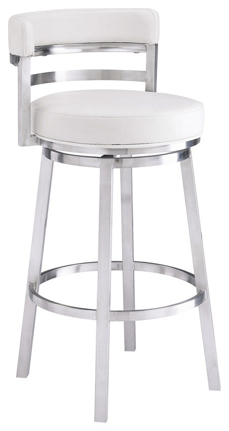 39" White And Silver Faux Leather Swivel Low Back Bar Height Chair With Footrest