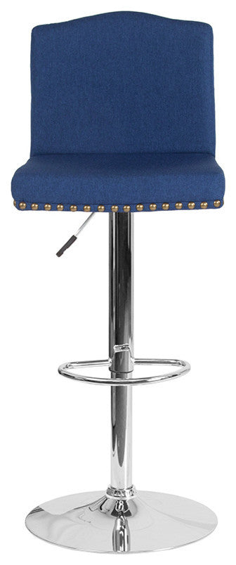 Contemporary Adjustable Height Barstool With Accent Nail Trim, Blue Fabric