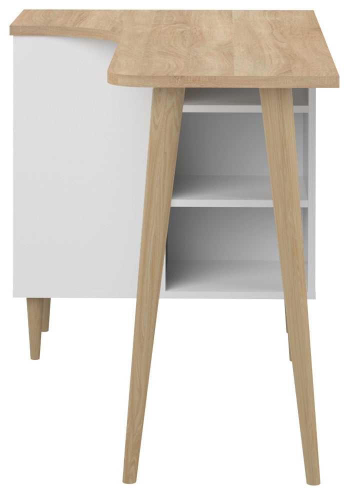 Modern White Small Home Desk With Shelves, White and Oak