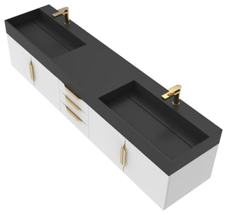CastelloUSA Amazon 84" Wall Mounted Bathroom Vanity Set, White, Black Top, Gold Handles