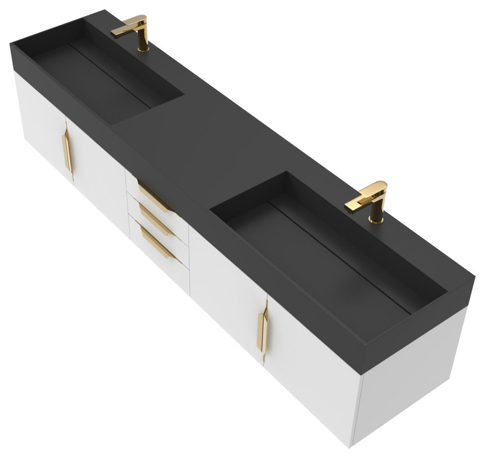 CastelloUSA Amazon 84" Wall Mounted Bathroom Vanity Set, White, Black Top, Gold Handles