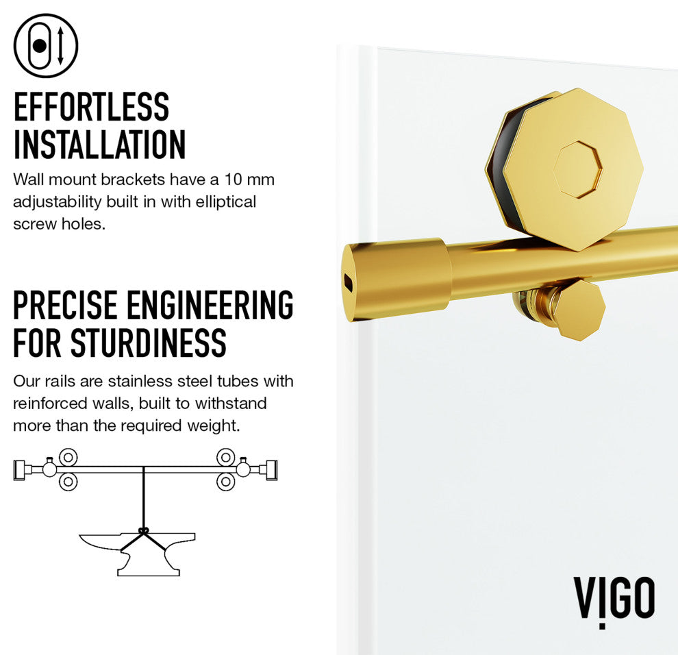 VIGO Elan Hart 56" to 60" W x 76" H Frameless Sliding Shower Door, Matte Brushed Gold, Clear Glass
