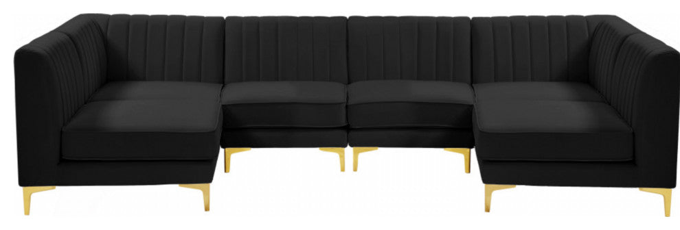 Alina Velvet Modular U-Shaped Sectional, Black, 6-Piece: 4 Armless Chair, 2 Corner Chair