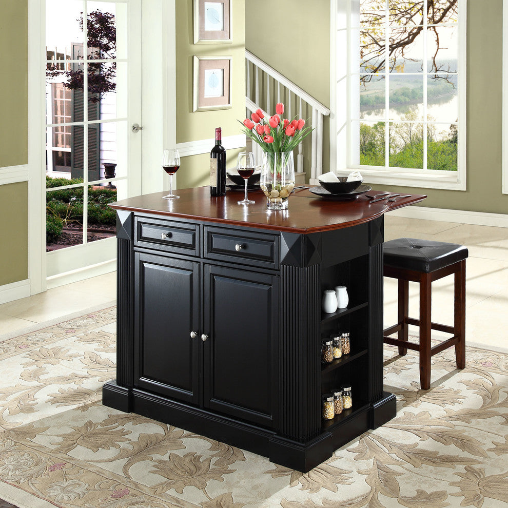 Drop Leaf Breakfast Kitchen Island, Black, 24" Upholstered Square Seat Stools