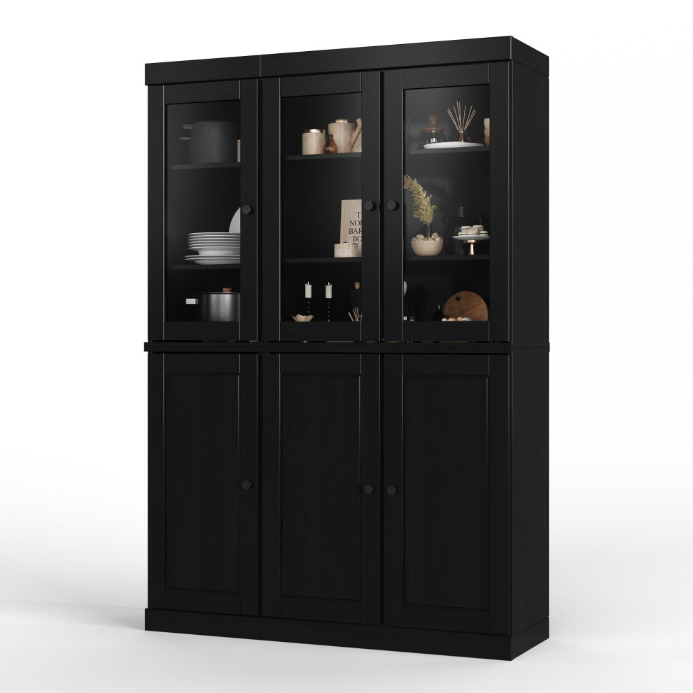 100% Solid Wood 48.5" Kitchen Pantry with Glass/Solid Doors, 2-Drawers, Black