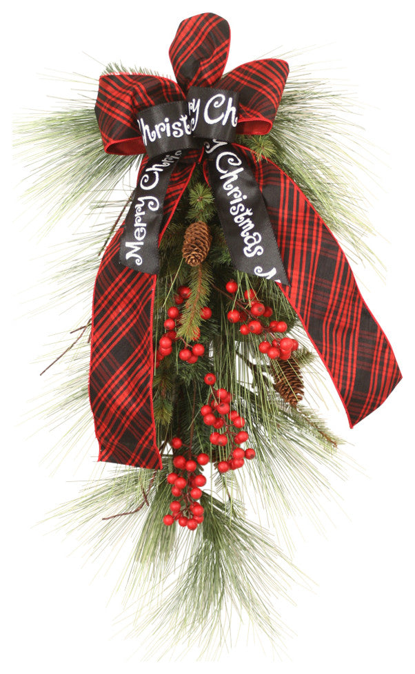 Long Needle Pine Swag With Weathered Red Berries With Ribbon