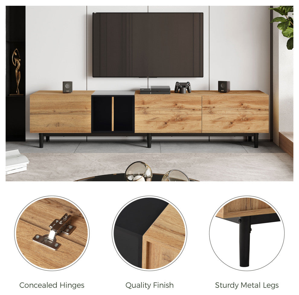 TATEUS 80" TV Stand With Large Storage Cabinet, Combining Style, Natural Wood