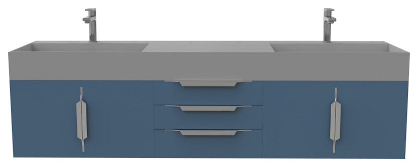 CastelloUSA Amazon 72" Wall Mounted Vanity Set, Blue, Gray Top, Chrome Handles