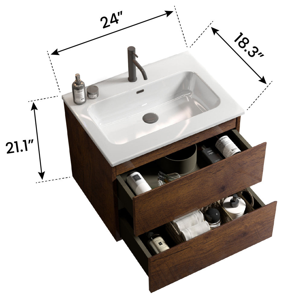 Wall-Mounted Bathroom Vanity Set with Ceramic Sink with one faucet hole, Walnut