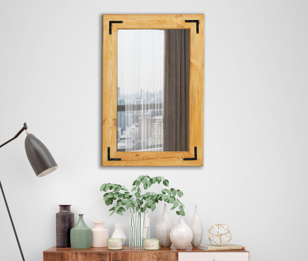 Natural Wood Framed With Metal Corner Bracket Mirror, Light