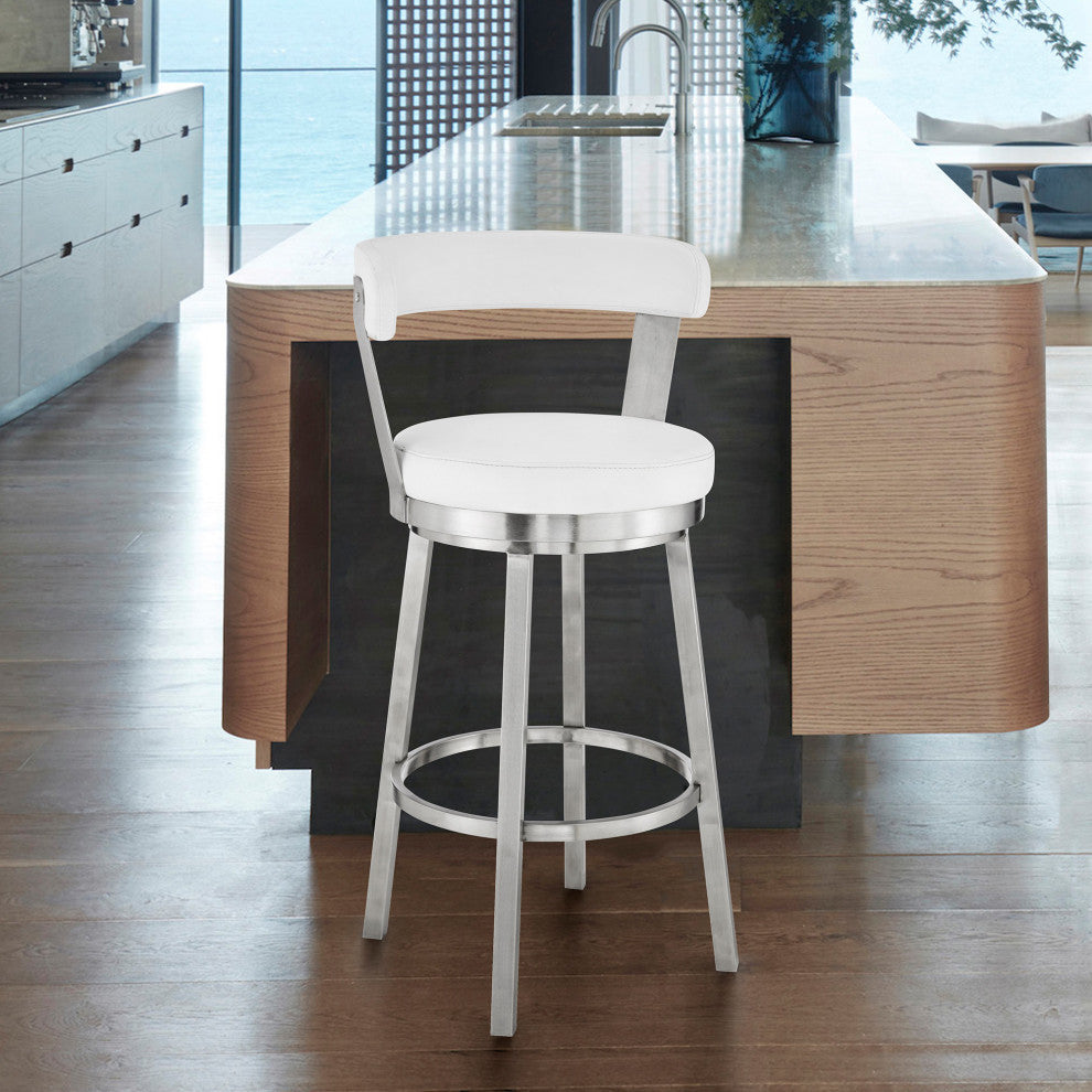 30" Chic White Faux Leather With Stainless Steel Finish Swivel Bar Stool