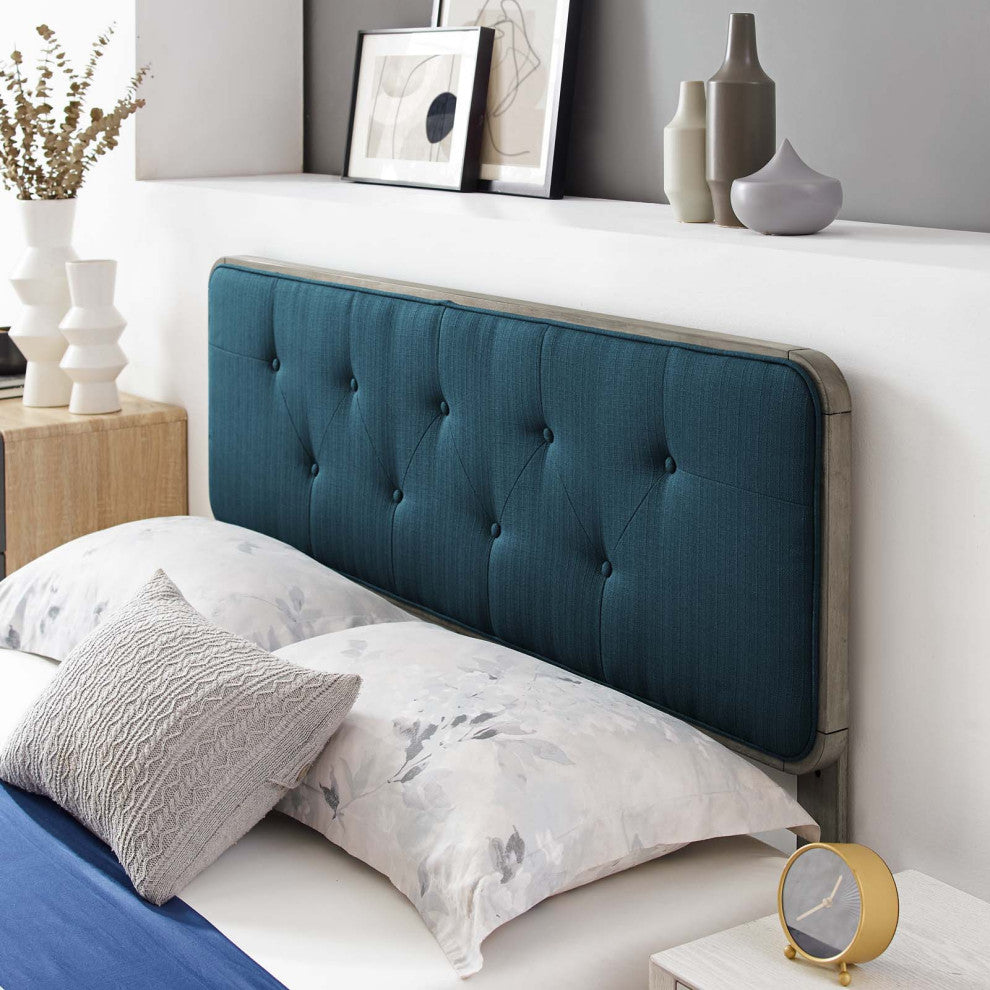 Platform Bed Frame, Queen Size, Fabric, Wood, Gray Navy Blue, Modern