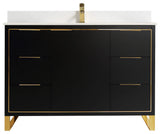 Opulence Bath Vanity, Black Matte, 48", Satin Brass Hardware, White Top