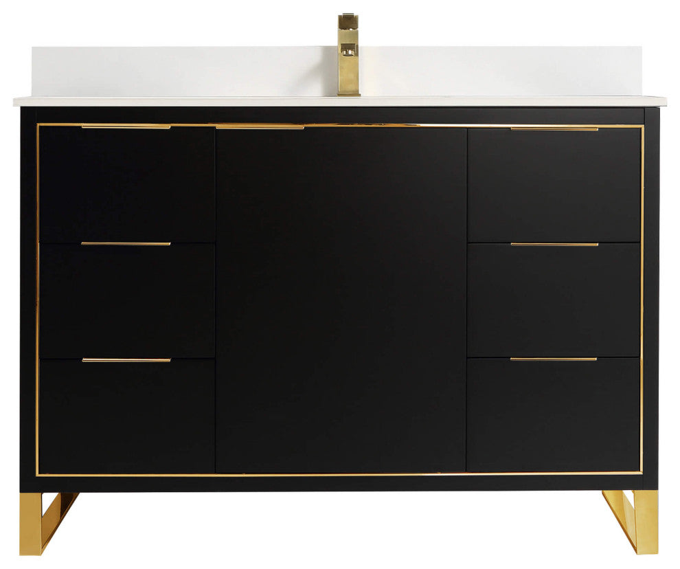 Opulence Bath Vanity, Black Matte, 48", Satin Brass Hardware, White Top