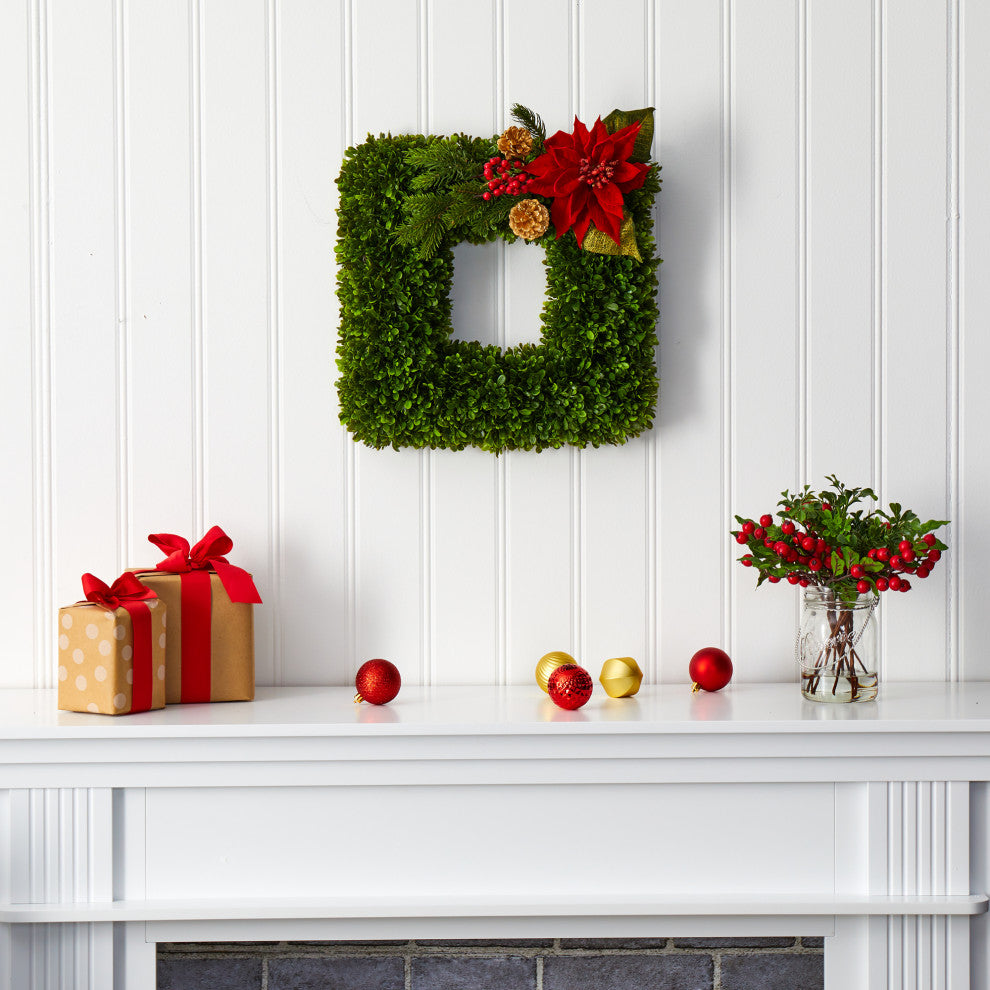 16" Tea Leaf and Poinsettia Artificial Square Wreath
