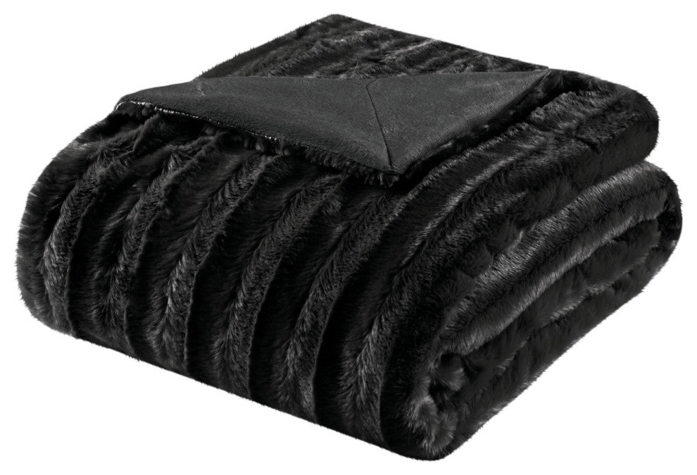 Madison Park Solid Stripe Plaited Brushed Long Fur Knitted Throw, Black
