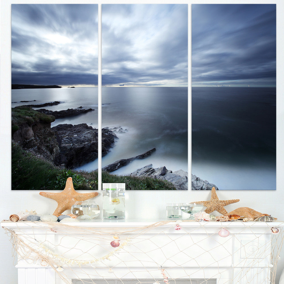 "Gloomy Bluish Atlantic Beach Portugal" Metal Wall Art, 3 Panels, 36"x28"