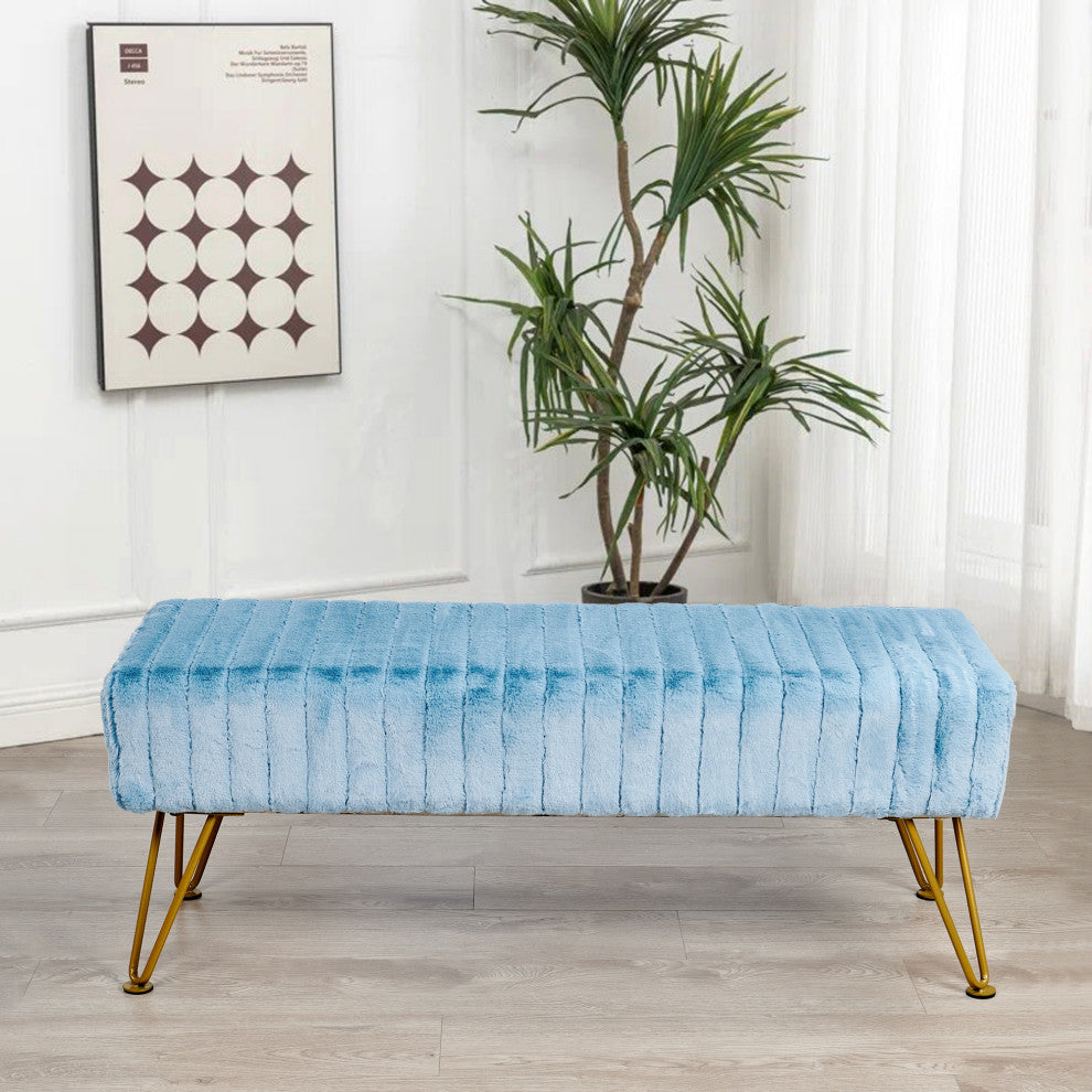 Super Mink Rectangle Ottoman With Golden Legs, Forget Me Not, 46"x16"x17"